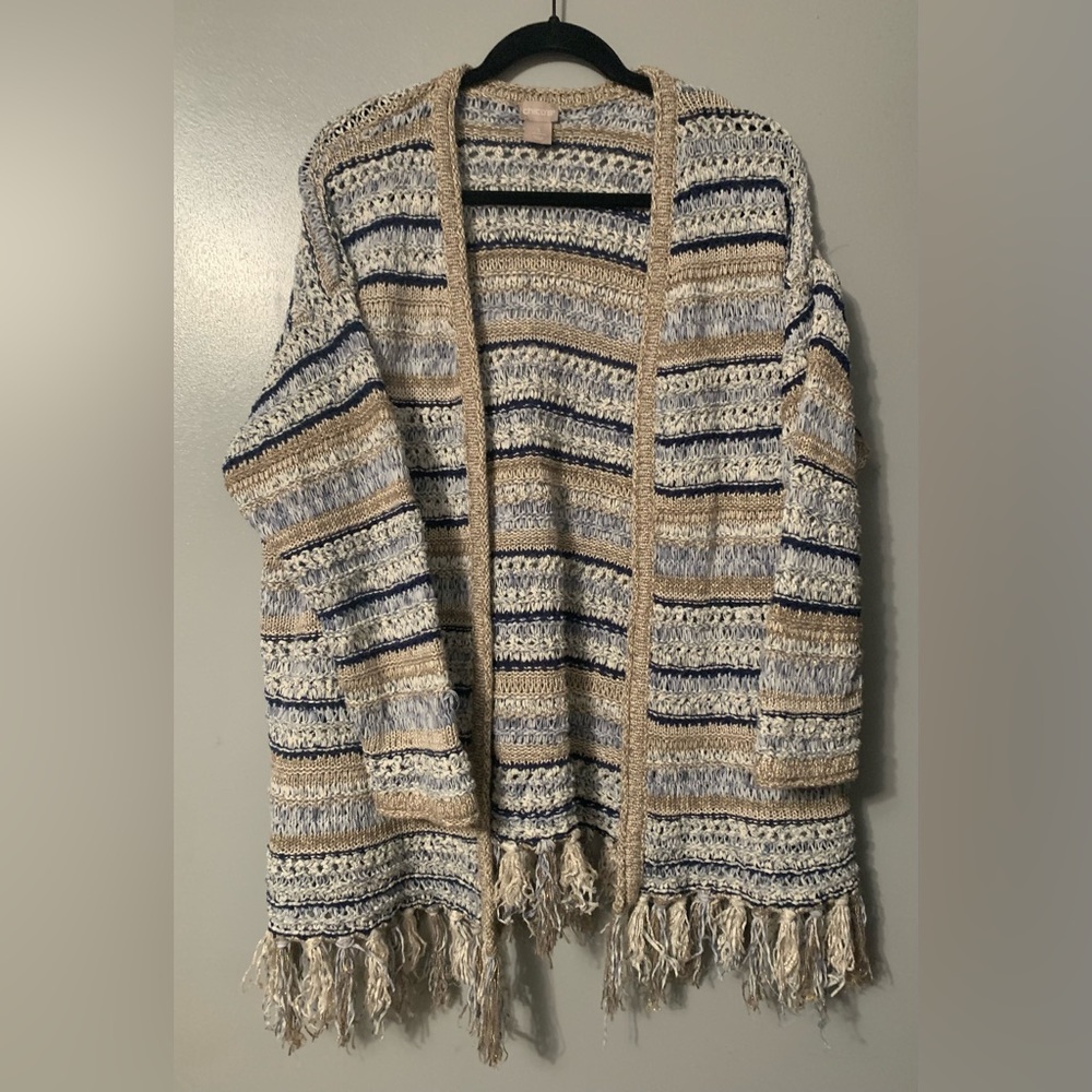 Chico's Beige and Navy Striped Fringe Cardigan